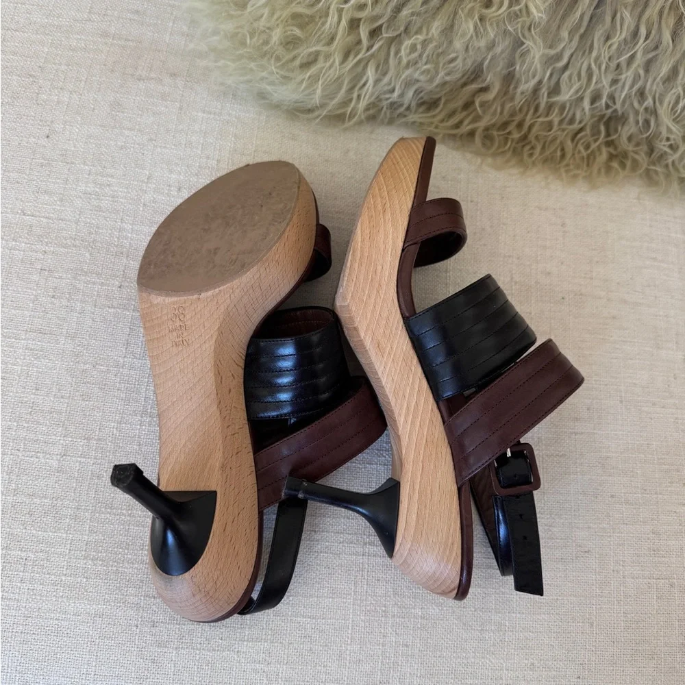 Marni Brown/Black Quilted Leather Strap Wood Platform Sandals Size‎ 38
